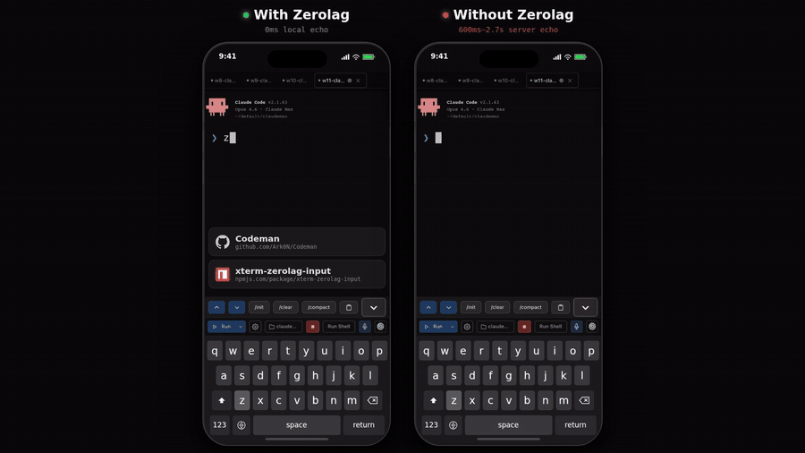 Zerolag 演示 —— 本地回显与服务端回显并排对比